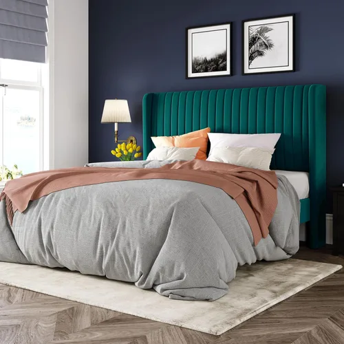 Vista 12 de Allewie - Base de cama tamaño Full con cabecera tapizada en terciopelo y diseño acanalado vertical; plataforma de cama tapizada; listones de madera