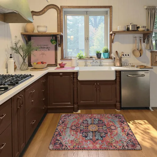 Vista 2 de Lahome Alfombra Floral Bohemio Medaillon - 2x3 Pequeña Alfombra de Baño Rosa Caliente, Alfombra de Cocina, Lavable a Máquina, Antideslizante, Suave