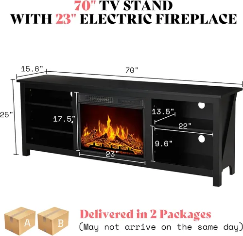 Vista 4 de AMERLIFE Soporte de TV con chimenea, centro de entretenimiento con textura de madera con chimenea eléctrica de 23 pulgadas, soporte