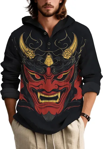 Vista 6 de Sudadera con capucha para hombre, de gran tamaño, elegante, vintage, con botones, casual, de manga larga, sudadera con capucha