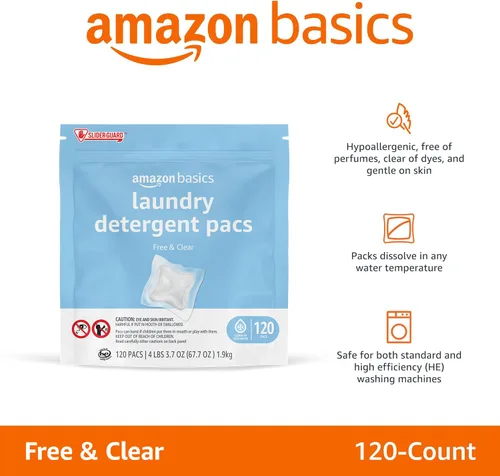 Vista 5 de Amazon Basics Cápsulas de detergente para ropa, hipoalergénico, sin fragancia ni colorantes, 120 unidades (nuevo empaque)