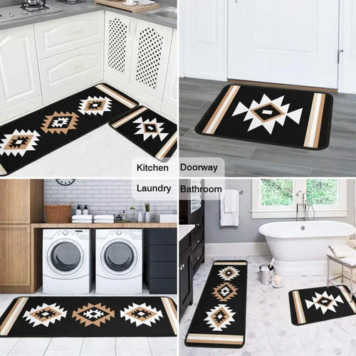 Vista 7 de Juego de 2 tapetes de cocina estilo bohemio para cocina, diseño azteca occidental, color negro, antideslizantes, lavables, para el suelo, 2 piezas