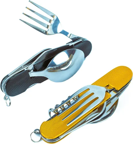Vista 9 de Juego de cubiertos multifunción 6 en 1 para acampar, cuchara desmontable, tenedor, cuchillo, kit combinado con bolsa de transporte