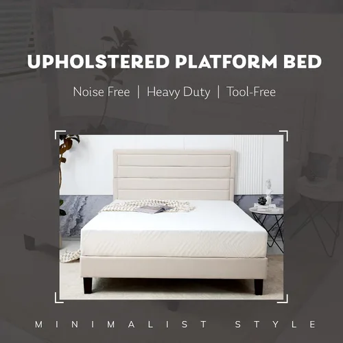 Vista 3 de MLILY Base de cama tapizada con plataforma, base de colchón de tamaño individual, soporte de listones de madera, no necesita somier, fácil montaje