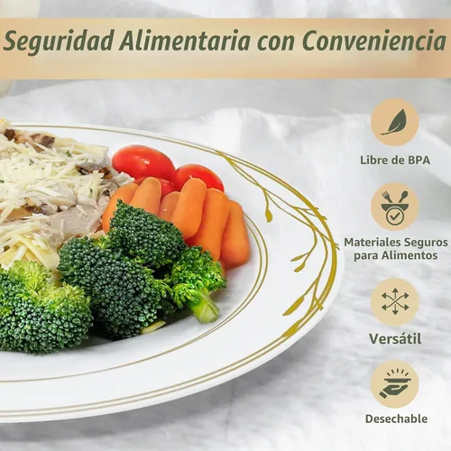 Vista 4 de Reli. Platos de plástico desechables, borde blanco y dorado