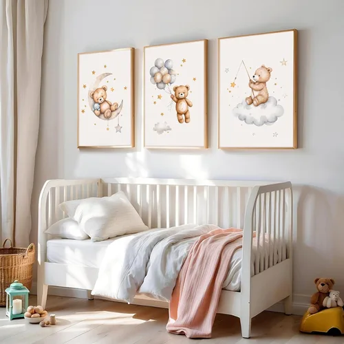Vista 6 de Baccone Arte de pared para habitación de guardería con oso de peluche, póster para habitación de bebé niño o niña, decoración de pared de guardería