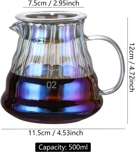 Vista 6 de MISETTO Servidor de café de vidrio iridiscente - Jarra estándar colorida para verter sobre cafetera, olla resistente al calor, 500 ml (17 oz), taza