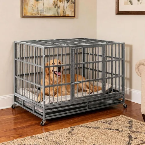 Vista 7 de Oranland Jaula de 38 Pulgadas para Perros, Resistente e Indestructible, con Ruedas, Perrera para Perros con Alta Ansiedad, Cerraduras Robustas