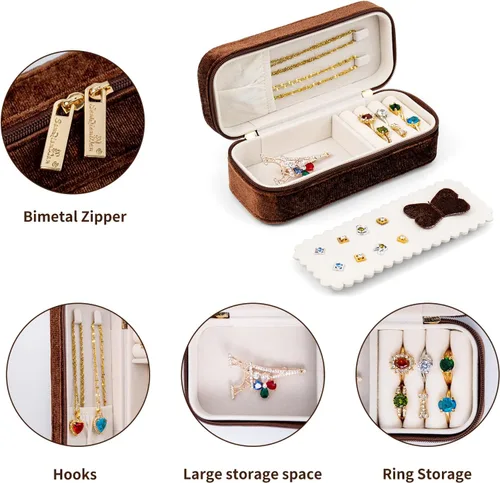 Vista 3 de SANQIANWAN Joyero de viaje de terciopelo de felpa para mujer, de lujo, esponjoso, portátil, pequeño, pequeño, joyero, para aretes, anillos, soporte