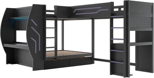 Vista 6 de Cama tipo loft en forma de L tamaño matrimonial e individual con 2 escritorios, tablero de clavijas y cajones de almacenamiento, marco de cama