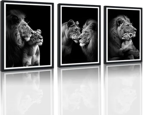 Vista 14 de 3 piezas modernas de lienzo de león de animales salvajes, pinturas de retratos de familia de leones, decoración de pared, obras de arte de sala