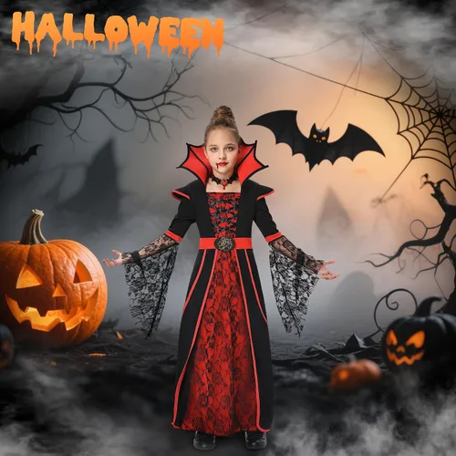 Vista 7 de Disfraz de vampiro de Halloween para niñas, disfraz real, vestido de reina medieval noble de Halloween