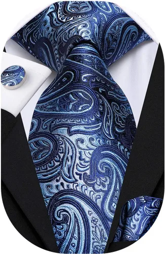 Vista 29 de Hi-Tie Conjunto de corbatas de seda con estampado paisley para hombre, pañuelo de bolsillo y gemelos, conjuntos de corbata formal para negocios a