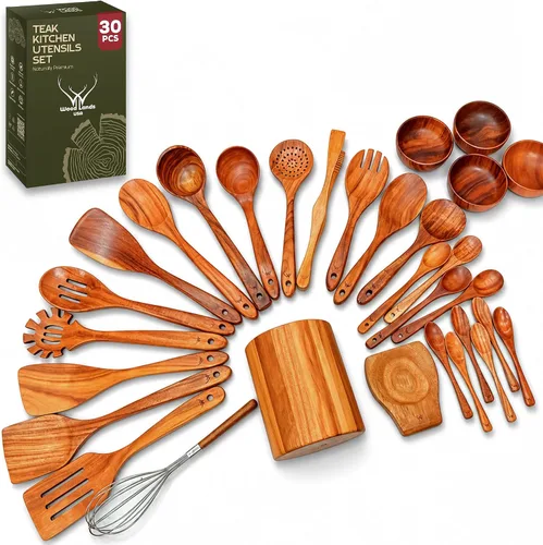 Vista 10 de Cuchara de madera de teca de mango largo de 12 pulgadas para cocinar con soporte de cuchara grande de teca, cucharas de madera de primera calidad