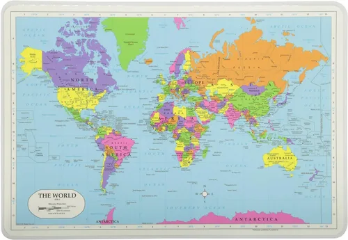 Vista 2 de Painless Learning Manteles individuales educativos para niños, juego de mapas laminados del mundo y Europa, de dos caras, carpeta de 3 anillas