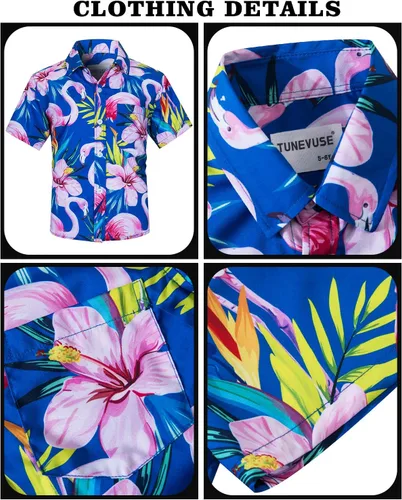 Vista 3 de TUNEVUSE Little & Big Boys - Conjunto de camisas hawaianas con botones y pantalones cortos con sombrero de pescador, trajes de verano estampados