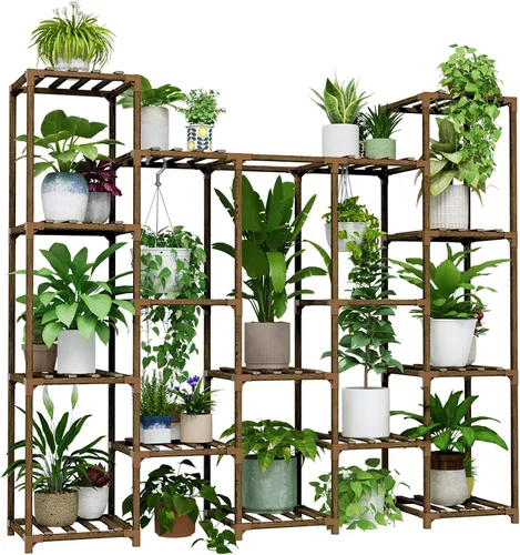 Vista 26 de Bamworld - Soporte esquinero para plantas de interior y exterior, mesa pequeña para varias plantas, estante de madera para jardín, patio, césped