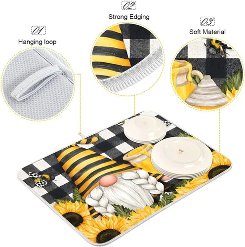 Vista 4 de Tapete de secado de platos de girasol enano de abeja para cocina Girasol enano abeja