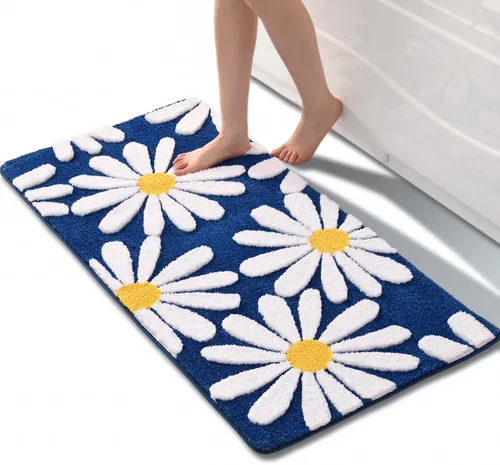 Vista 25 de QJHOMO Alfombra de baño beige con diseño de margaritas, decoración de flores blancas y amarillas, alfombra antideslizante de microfibra, súper