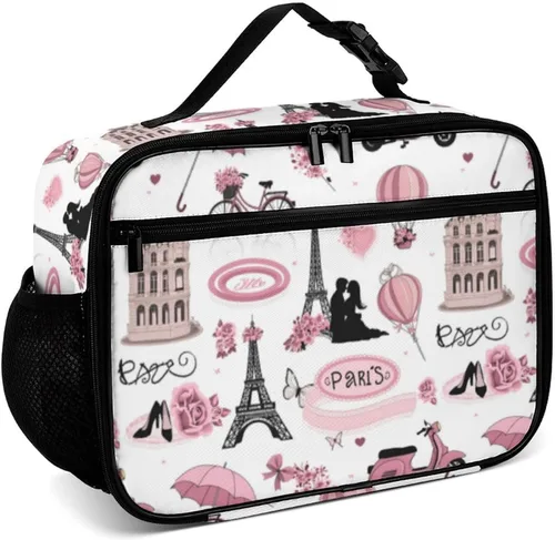 Vista 16 de Lonchera reutilizable con diseño a cuadros y negro y blanco con aislamiento, bolsa de almuerzo para comida y comida, bolsa de mano para mujeres