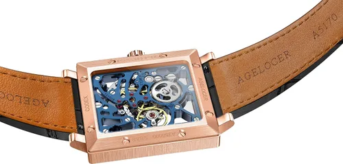 Vista 5 de AGELOCER Men's Double-Sided Hollow Black Steel Dual Time with Luminous Analog Square Seconds Dial Watch