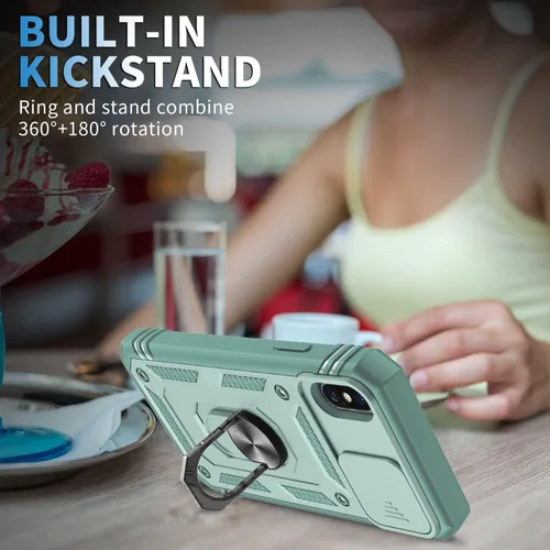 Vista 6 de Fetrim Funda para iPhone X, Funda de teléfono con soporte de anillo de rotación para Apple iPhone X/XS - Verde