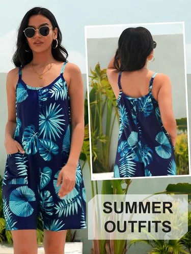 Vista 5 de Vigorics Enterizo casual para mujer, sin mangas, con tirantes ajustables, pantalones cortos, overoles elásticos con bolsillos