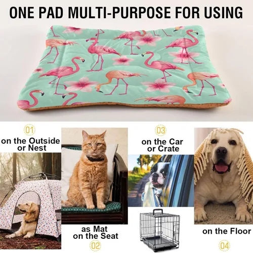 Vista 5 de Hermosa cama rectangular para perros y gatos con diseño de flamenco rosa, cómoda cama rectangular para mascotas, ultrasuave y calmante para perros