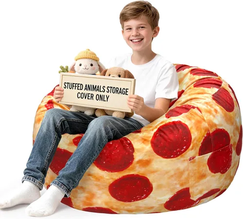 Vista 23 de Lukeight - Puf de almacenamiento de animales de peluche para niños, funda para puf de dinosaurio con cremallera para organizar la habitación