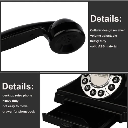 Vista 7 de Teléfono vintage con cable, teléfonos fijos retro para el hogar, teléfono de trabajo antiguo de una sola línea con timbre fuerte para personas Negro