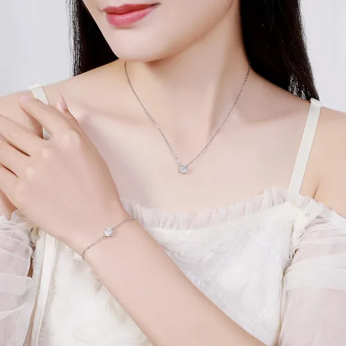 Vista 5 de Foleacove Jewelry Set for Women 18K Gold Necklace Bracelet Cubic Zirconia Solitaire 1.5 Carat (7.3mm) Pendant Fashion Cute Simple Jewelry Gifts for