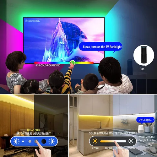 Vista 3 de GIDEALED Tira de luz LED WiFi USB RGBWW de 9.8 pies, compatible con Alexa Google Assistant, compatible con control de voz y control de aplicación