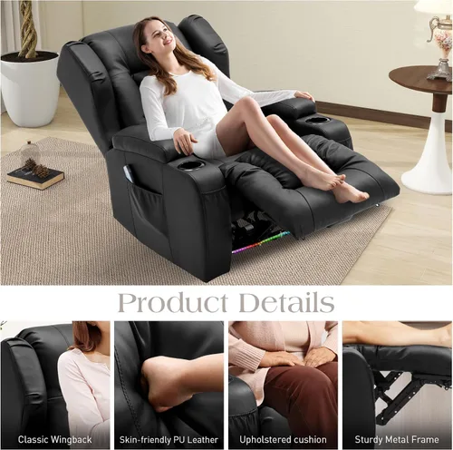Vista 7 de Sillas reclinables eléctricas para adultos con masaje y calor, silla reclinable individual de piel sintética, sofá reclinable reclinable para cine