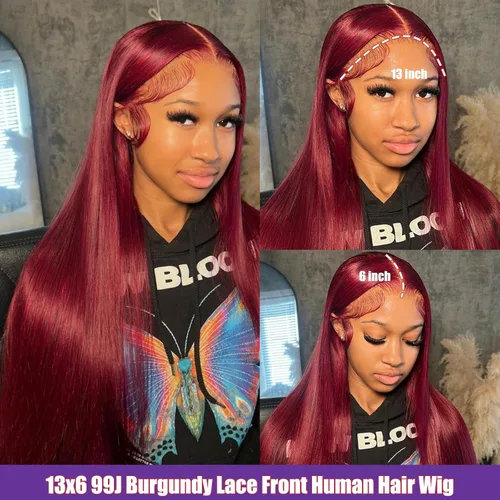 Vista 2 de bunGiol Pelucas de cabello humano con encaje frontal color borgoña 99j de 13 x 6 pulgadas, prearrancadas, pelucas de cabello humano lacio HD