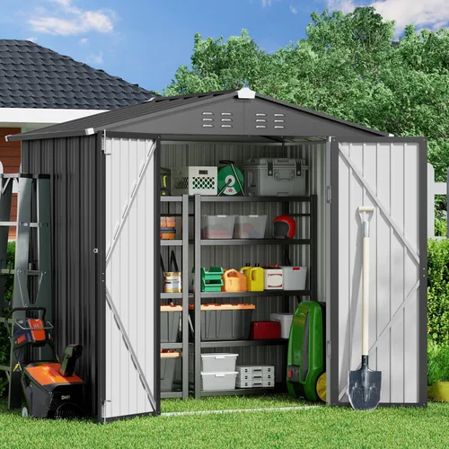 Vista 18 de Gizoon Cobertizo de almacenamiento para exteriores de 8 x 6 pies, cobertizo de jardín de metal galvanizado con puertas dobles con cerradura, Marrón
