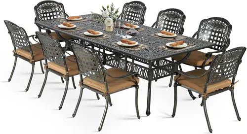 Vista 29 de VIVIJASON Juego de comedor al aire libre de 9 piezas, juego de mesa y sillas de patio de aluminio fundido para 8, incluye mesa rectangular de 94.5
