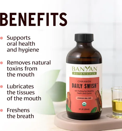 Vista 3 de Banyan Botanicals Cinnamon Daily Swish - Aceite de extracción ayurvédico orgánico con aceite de coco, enjuague bucal para aliento fresco y salud
