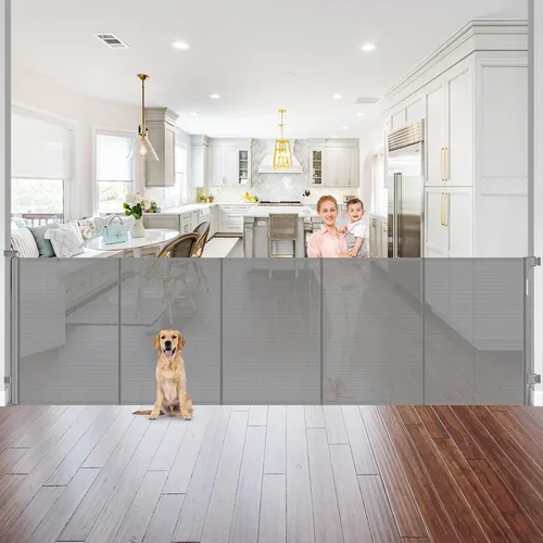 Vista 8 de Puerta Reforzada para Mascotas Extra Alta de 42" y Puerta Retráctil para Bebés de 55" de Ancho con Varillas de Soporte - Puerta Retráctil para Negro