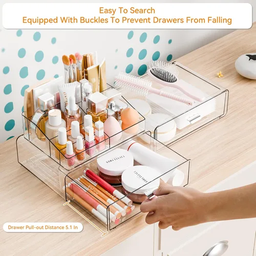 Vista 2 de Yieach Organizadores de maquillaje de 3 niveles en acrílico transparente con 2 cajones, soporte de maquillaje tiered de escritorio y organizadores