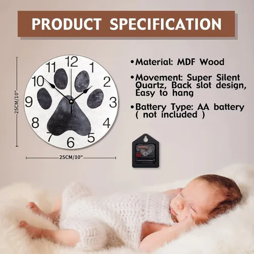 Vista 7 de Reloj de pared con estampado de pata de perro negro, reloj de madera de 10 pulgadas, silencioso, sin tictac, funciona con pilas, para sala de estar