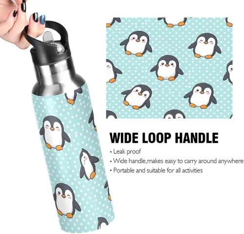Vista 4 de Stainless Steel Vacuum Insulated Water Bottle 20 Oz, BPA-Free Sports Water Bottle for Gym Outdoor Travel School, Cute Cartoon Penguins Blue
