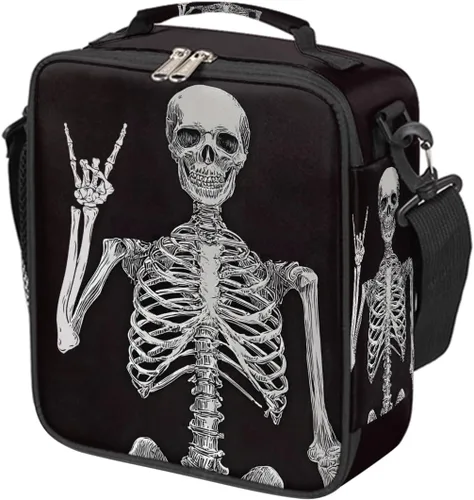Vista 41 de Pardick Divertida bolsa de almuerzo aislada con calavera de fuego para adolescentes y niños, lonchera portátil reutilizable con correa