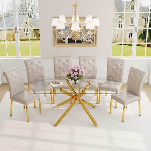 Vista 54 de Juego de mesa de comedor moderna para mesa de comedor negra de 4,63 pulgadas, juego de 4 con patas de metal dorado, mesa de cocina rectangular