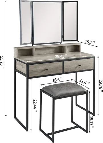 Vista 3 de Juego de mesa de tocador con taburete tapizado, escritorio con 2 cajones
