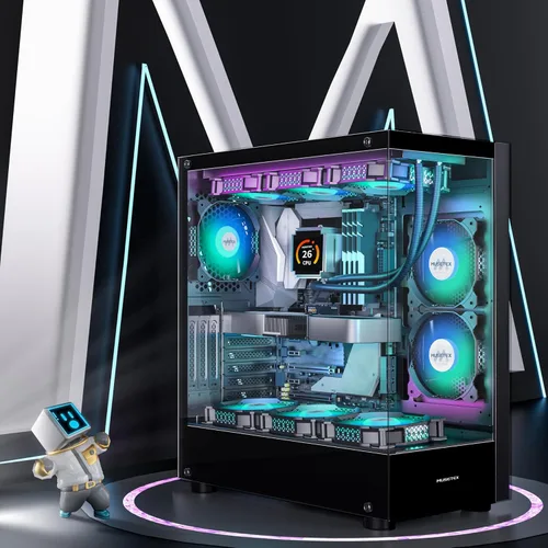 Vista 6 de MUSETEX Chasis para PC ATX 6 Ventiladores PWM ARGB Preinstalados, Chasis de Computadora Mid Tower de Tipo-C con Vidrio Templado Dual de Vista