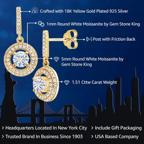 Vista 2 de Gem Stone King Aretes colgantes chapados en oro amarillo de 18 quilates con moissanita blanca para mujer (1.51 quilates, redondo de 0.197 in)