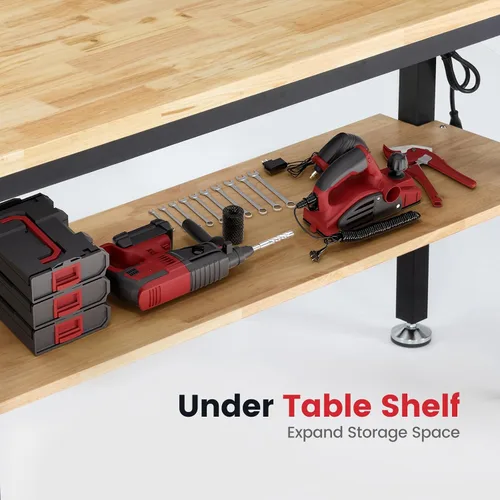 Vista 2 de ENJOYWOOD Mesa de trabajo para garaje de 60 pulgadas Banco de trabajo con almacenamiento Altura ajustable Tablero de madera de goma Banco de trabajo