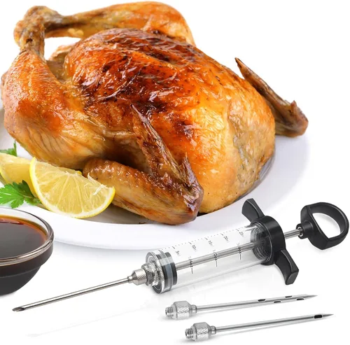 Vista 6 de Kit de inyector de carne de plástico Tri-Sworker para ahumador con 3 agujas de jeringa para inyectar sabores, ideal para inyectar adobo en pavo