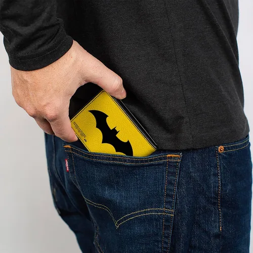 Vista 5 de Buckle-Down Billetera de DC Comics para hombre, plegable, con logotipo de Batman Tech Action Pose Bat amarillo, negro y blanco, cuero vegano, 4.0 x