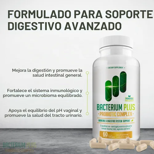 Vista 2 de Bacterium Plus, producto natural, cápsulas vegetarianas, bienestar general, 60 unidades, paquete de 1